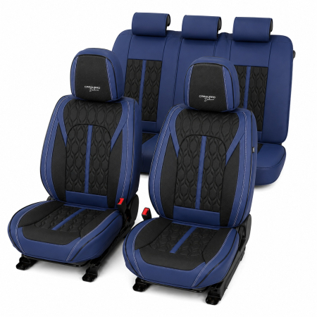 Huse - Huse auto premium 5 locuri Carguard Deluxe piele ecologică perforată - albastru inchis - negru