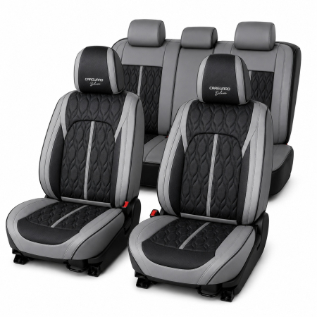 Huse - Huse auto premium 5 locuri Carguard Deluxe piele ecologică perforată - gri - negru