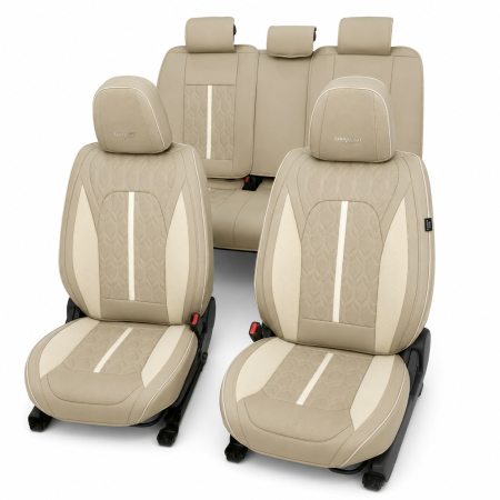 Huse - Huse auto premium 5 locuri Carguard Deluxe piele ecologică perforată - maro deschis - crem
