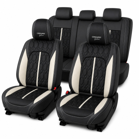 Huse - Huse auto premium 5 locuri Carguard Deluxe piele ecologică perforată - negru - alb