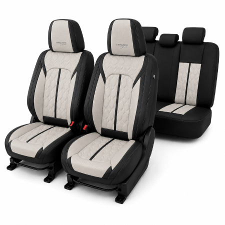 Huse - Huse auto premium 5 locuri Carguard Deluxe piele ecologică perforată - negru - crem