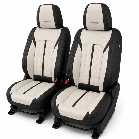 Huse auto premium 5 locuri Carguard Deluxe piele ecologică perforată - negru - crem [2]