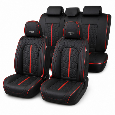 Huse - Huse auto premium 5 locuri Carguard Deluxe piele ecologică perforată - negru - rosu