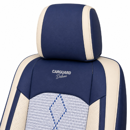 Huse auto premium 5 locuri Carguard Deluxe piele ecologică perforată și textil - albastru - alb [3]
