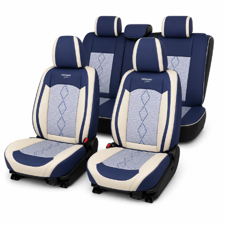 Huse - Huse auto premium 5 locuri Carguard Deluxe piele ecologică perforată și textil - albastru - alb