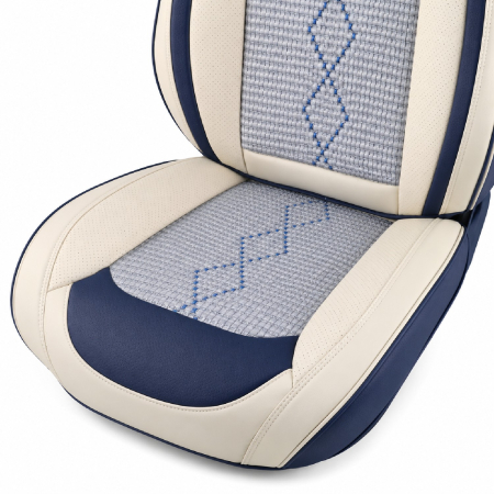 Huse auto premium 5 locuri Carguard Deluxe piele ecologică perforată și textil - albastru - alb [5]