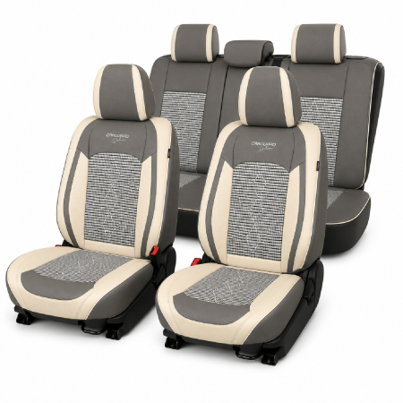 Huse - Huse auto premium 5 locuri Carguard Deluxe piele ecologică perforată și textil  - gri deschis - gri inchis