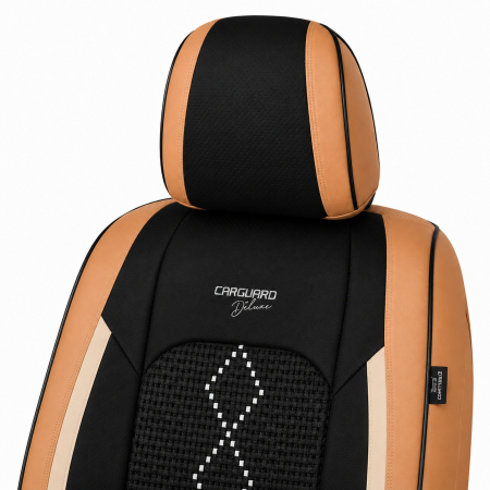 Huse auto premium 5 locuri Carguard Deluxe piele ecologică perforată și textil - maro caramel [3]