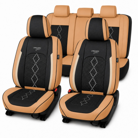 Huse - Huse auto premium 5 locuri Carguard Deluxe piele ecologică perforată și textil - maro caramel
