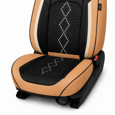 Huse auto premium 5 locuri Carguard Deluxe piele ecologică perforată și textil - maro caramel [5]