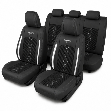 Huse - Huse auto premium 5 locuri Carguard Deluxe piele ecologică perforată și textil - negru - alb