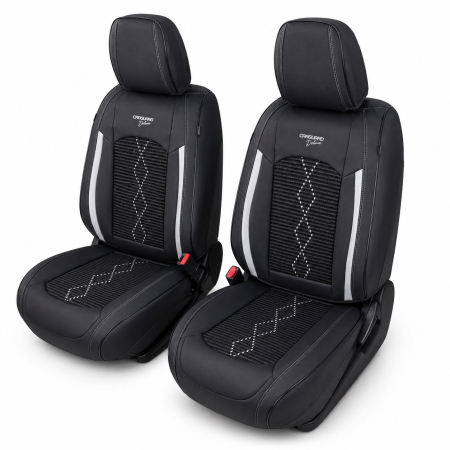 Huse auto premium 5 locuri Carguard Deluxe piele ecologică perforată și textil - negru - alb [1]