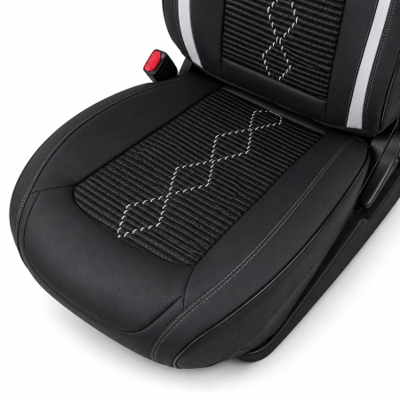 Huse auto premium 5 locuri Carguard Deluxe piele ecologică perforată și textil - negru - alb [6]