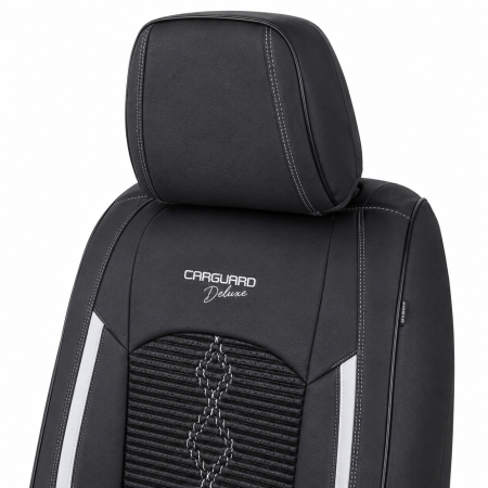 Huse auto premium 5 locuri Carguard Deluxe piele ecologică perforată și textil - negru - alb [3]