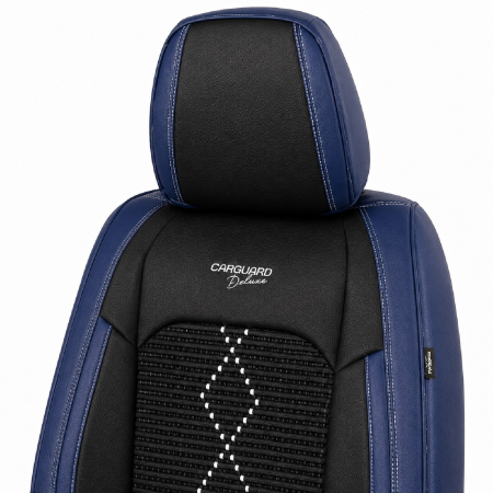 Huse auto premium 5 locuri Carguard Deluxe piele ecologică perforată și textil - negru - albastru închis [3]