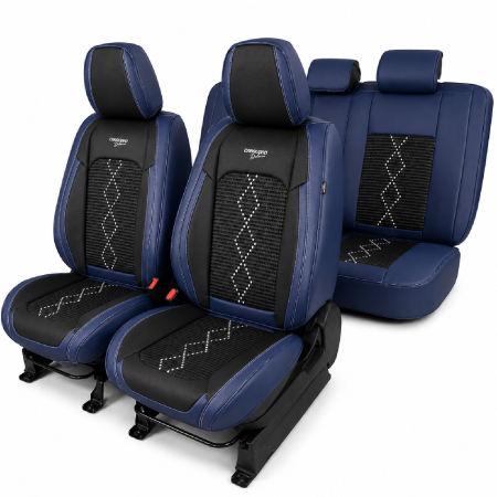 Huse - Huse auto premium 5 locuri Carguard Deluxe piele ecologică perforată și textil - negru - albastru închis