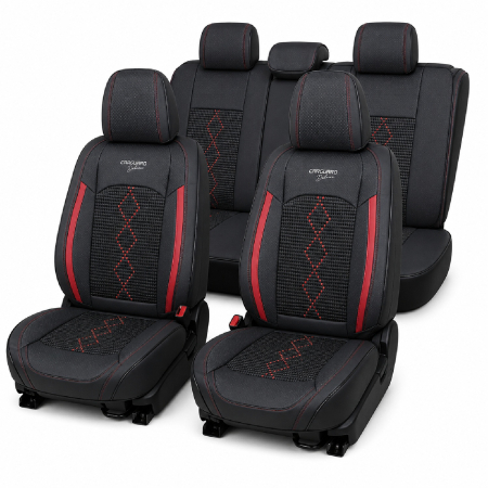 Huse - Huse auto premium 5 locuri Carguard Deluxe piele ecologică perforată și textil - negru - rosu închis