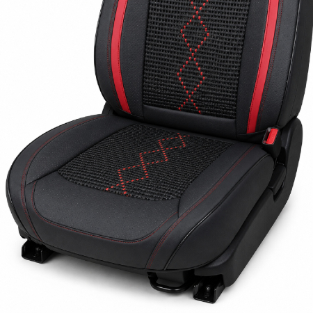 Huse auto premium 5 locuri Carguard Deluxe piele ecologică perforată și textil - negru - rosu închis [5]