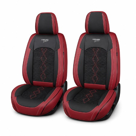 Huse auto premium 5 locuri Carguard Deluxe piele ecologică perforată și textil - roșu închis - negru [1]