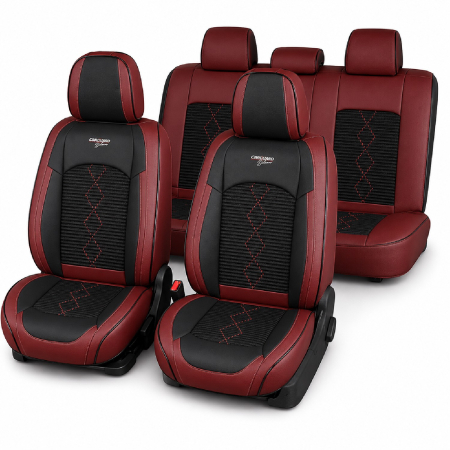 Huse - Huse auto premium 5 locuri Carguard Deluxe piele ecologică perforată și textil - roșu închis - negru