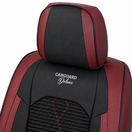 Huse auto premium 5 locuri Carguard Deluxe piele ecologică perforată și textil - roșu închis - negru [3]