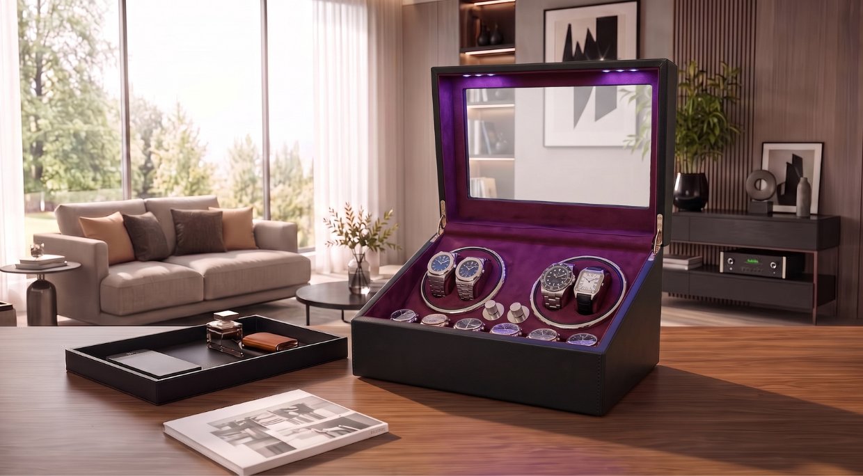 Watch Winder Luxury 4+6 Ava-Stars, interior catifea gri inchis, exterior piele, cu LED