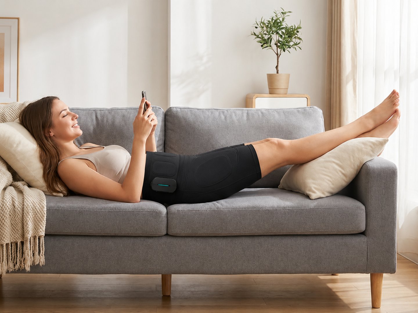 Femeie întinsă pe canapea acasă cu pantalonii EMS model nou, sesiune relaxată de electrostimulare controlată din telefon
