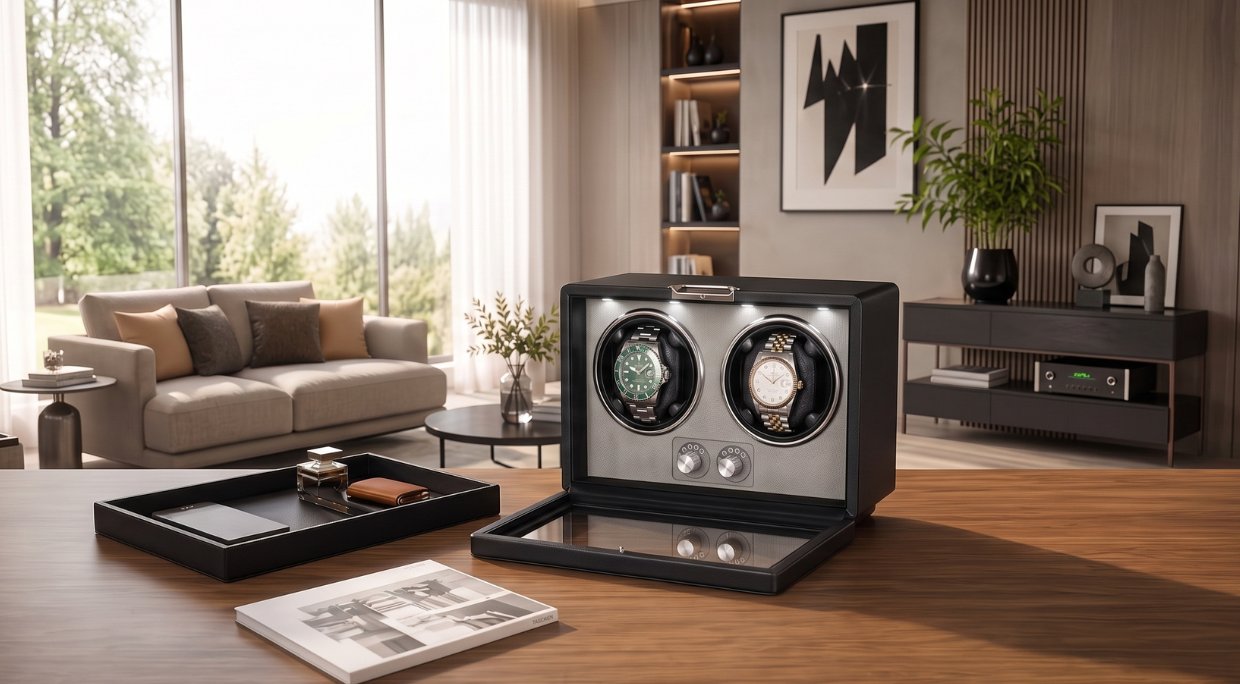 Watch Winder Premium pentru 4 ceasuri automate, exterior din piele si interior din catifea, Ava-Stars