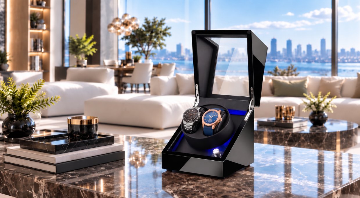 Watch Winder Premium W136D-TT din lemn lacuit, cu iluminare LED interioară și geam din acril, Ava-Stars