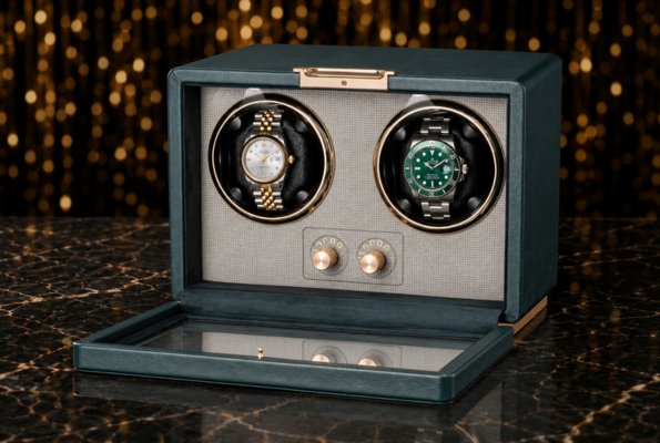 Watch Winder Premium cu doua ceasuri automate, vedere de aproape