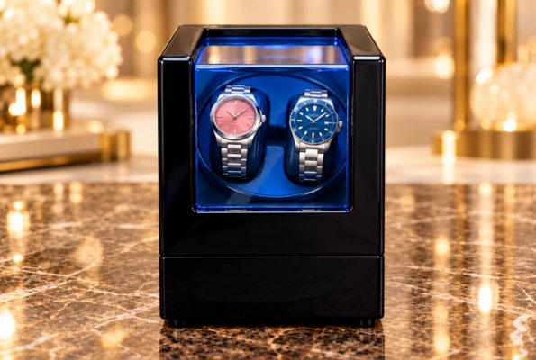 Watch Winder W136D-TT cu ceasuri automatice în rotație, vedere prin geamul din acril