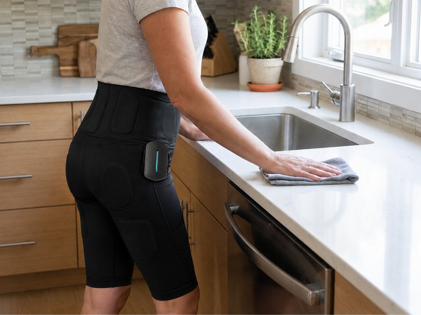Femeie în bucătărie purtând pantalonii EMS model nou în timpul treburilor casnice, sesiune de electrostimulare