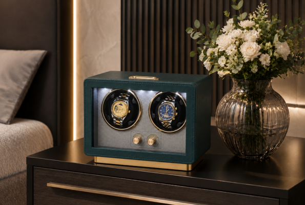 Watch Winder Premium asezat pe o noptiera, alaturi de un buchet de flori