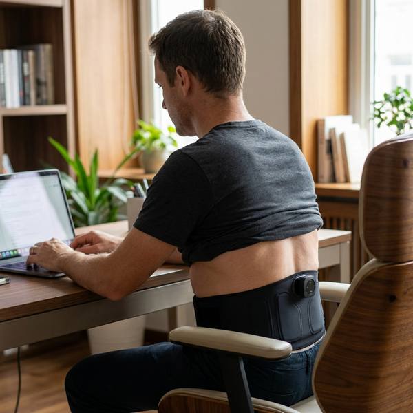 Bărbat la birou cu centura EMS întoarsă pe zona lombară pentru ameliorare dureri de spate