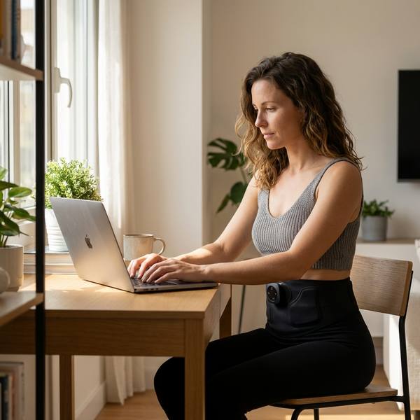 Femeie cu crop top purtând centura EMS pe abdomen la birou acasă, lucrând la laptop