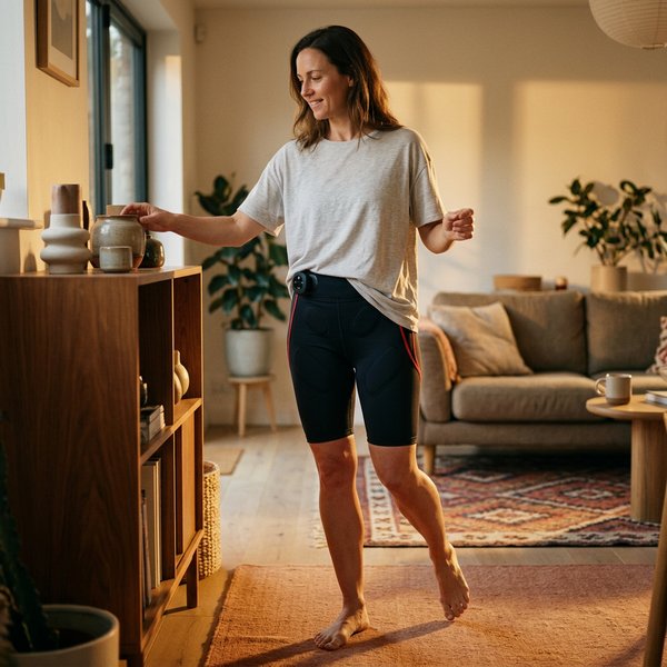 Femeie activă în casă purtând pantalonii EMS pelvieni discret