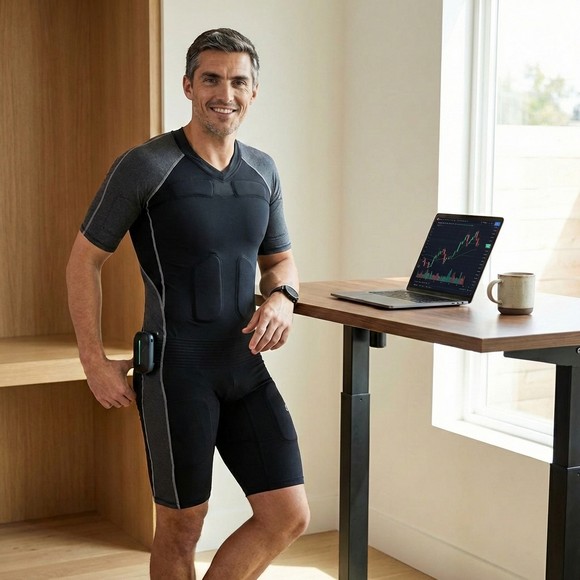 Bărbat lucrând de acasă cu costum EMS wireless — antrenament în timpul programului