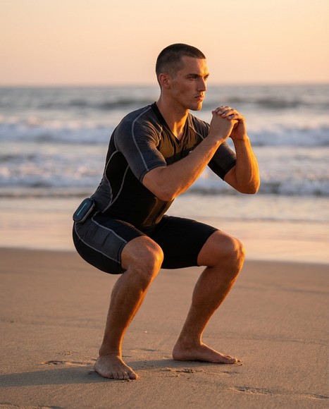 Antrenament EMS pe plajă — sesiune în natură cu costum wireless