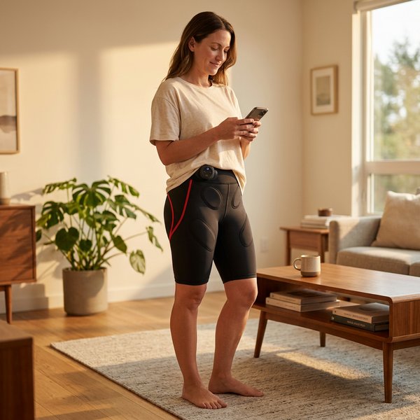 Femeie purtând pantalonii EMS pelvieni acasă, în confortul livingului
