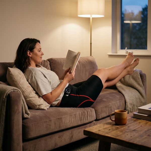 Femeie relaxată pe canapea cu pantalonii EMS pelvieni, sesiune confortabilă