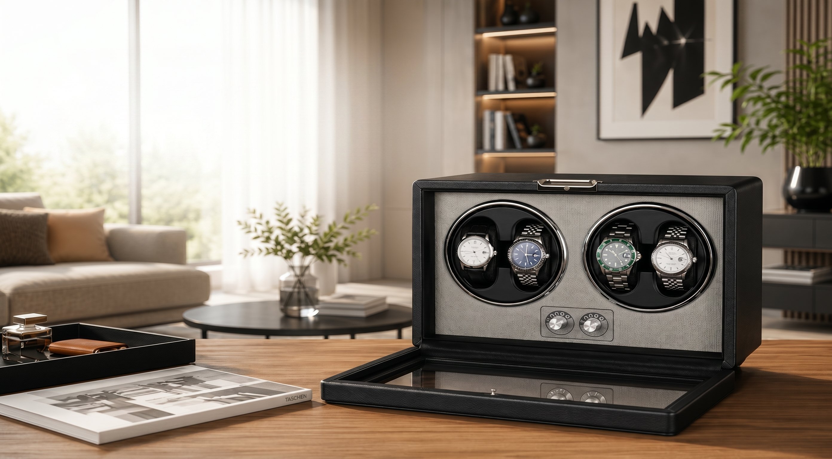 Watch Winder Premium pentru 4 ceasuri automate, exterior din piele și interior din catifea, Ava-Stars