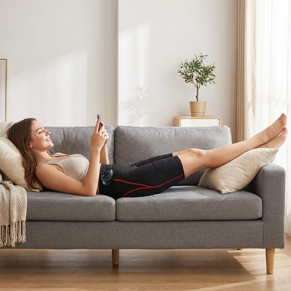 Femeie întinsă pe canapea acasă cu pantalonii EMS, sesiune relaxată de electrostimulare