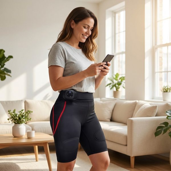 Femeie la sală purtând pantalonii EMS, electrozii vizibili pe zona fesierilor