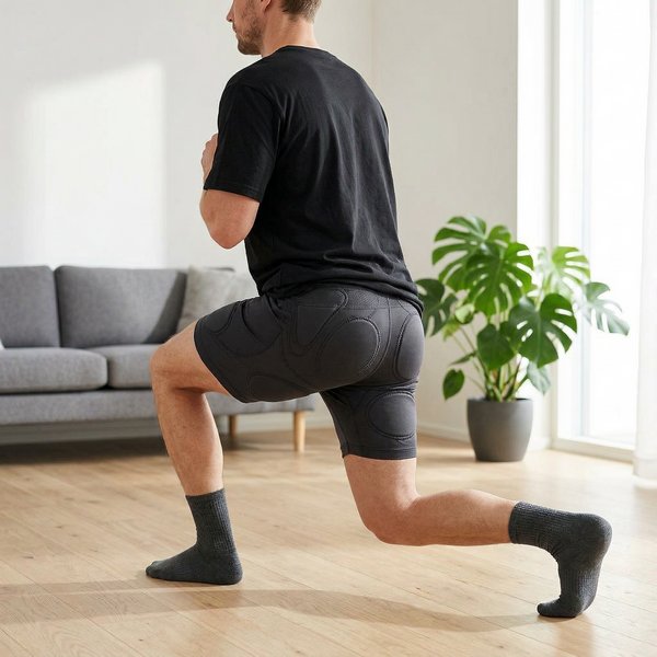 Bărbat purtând pantalonii EMS acasă, făcând exerciții