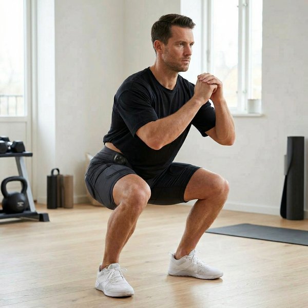 Bărbat făcând exerciții cu pantalonii EMS, antrenament acasă