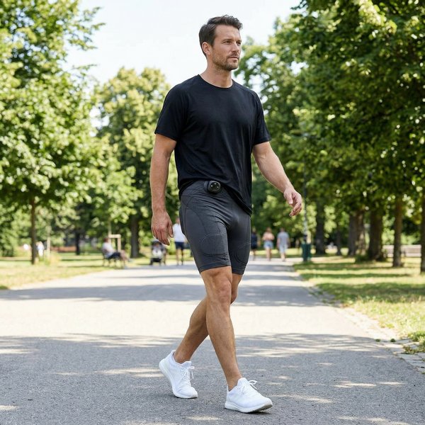 Bărbat cu pantalonii EMS în aer liber