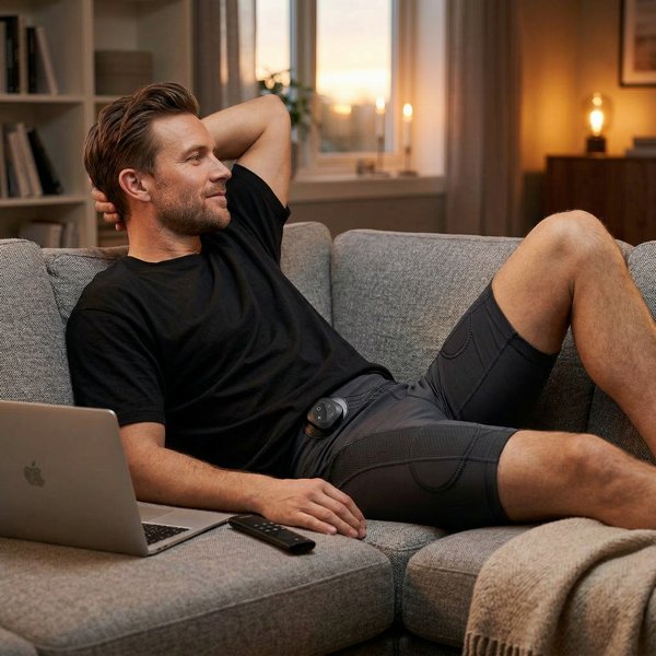 Bărbat întins pe canapea cu pantalonii EMS, sesiune relaxată