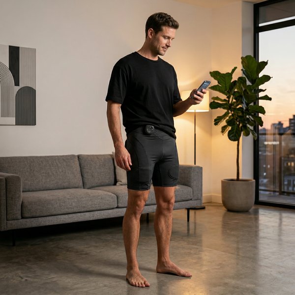 Bărbat purtând pantalonii EMS acasă, controlând sesiunea din aplicație
