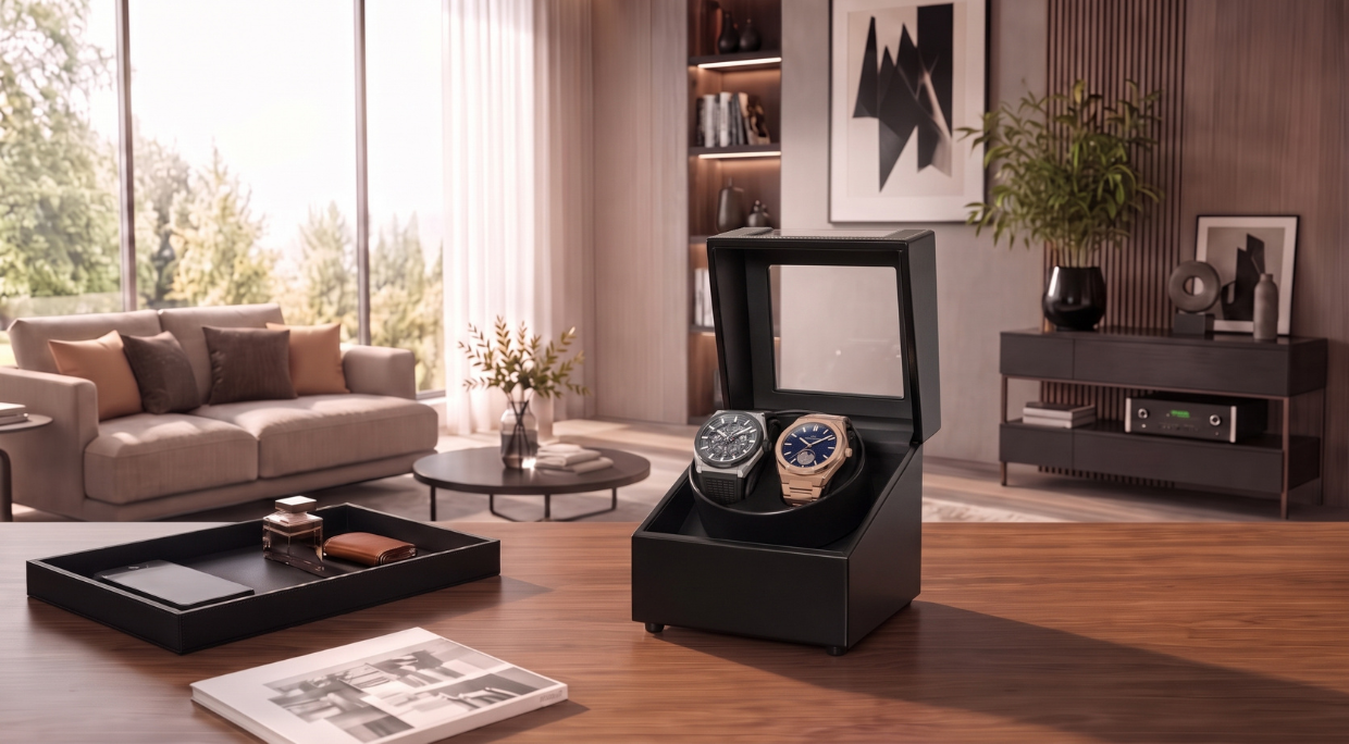 Watch Winder Luxury 2, exterior piele ecologica, geam de sticla acrilica