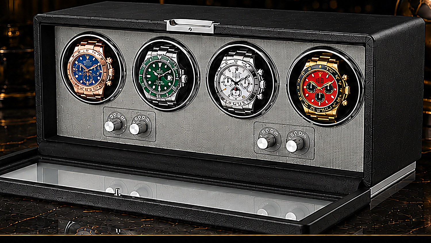 Interiorul watch winder-ului cu patru ceasuri